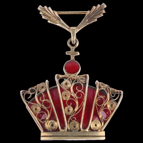 1661 - VOLMER BAHNER - a Danish sterling silver-gilt red enamel Kingmark crown drop brooch, 51.2mm, 17.6g