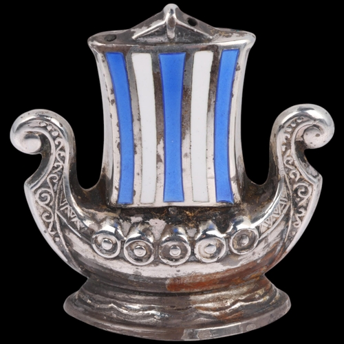 1768 - AKSEL HOLMSEN - a Danish sterling silver and enamel Viking Revival 'Viking Ship' hat pin holder, 4cm... 