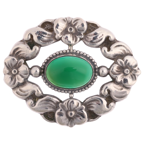 1646 - TORBEN HERMANN MEIER - an Art Nouveau Danish silver chalcedony floral brooch, 56.8mm, 13.4g