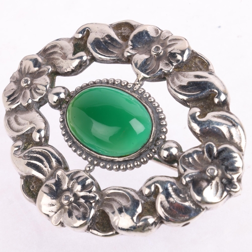 1646 - TORBEN HERMANN MEIER - an Art Nouveau Danish silver chalcedony floral brooch, 56.8mm, 13.4g