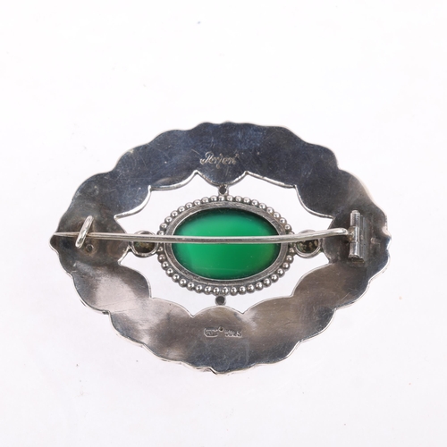 1646 - TORBEN HERMANN MEIER - an Art Nouveau Danish silver chalcedony floral brooch, 56.8mm, 13.4g