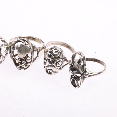 1672 - Various Art Nouveau style Danish silver jewellery, comprising pair of clip-on earrings and 3 rings, ... 