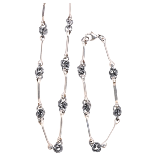 1675 - A Danish oxidised sterling silver fancy link chain necklace and bracelet set, 40cm and 18cm, 21.9g t... 