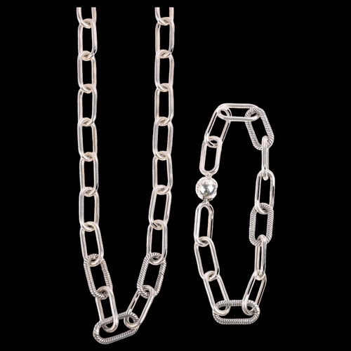 1679 - PANDORA - a sterling silver ME small-link chain necklace and bracelet set, 44cm and 16cm, 49.7g tota... 