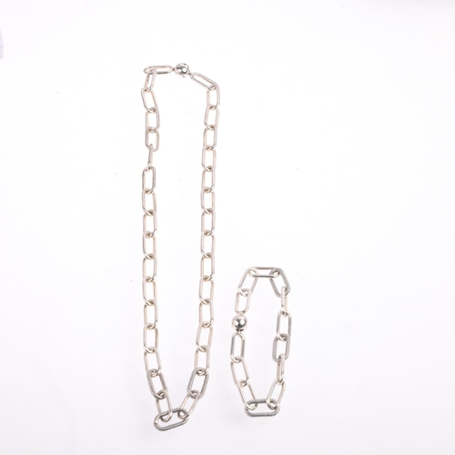 1679 - PANDORA - a sterling silver ME small-link chain necklace and bracelet set, 44cm and 16cm, 49.7g tota... 