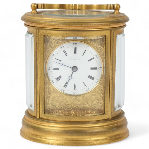 10 - 19th century French oval brass-cased 8-day carriage clock, Leroy & Fils Regent Street, curved bevel-... 