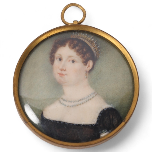 12 - Early 19th century miniature watercolour on ivory, portrait of a lady wearing a coronet and pearls, ... 