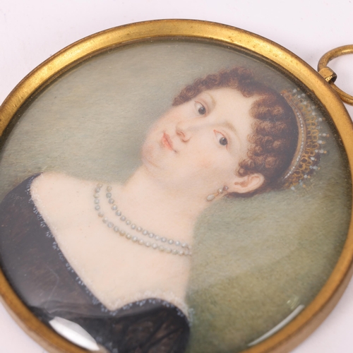 12 - Early 19th century miniature watercolour on ivory, portrait of a lady wearing a coronet and pearls, ... 