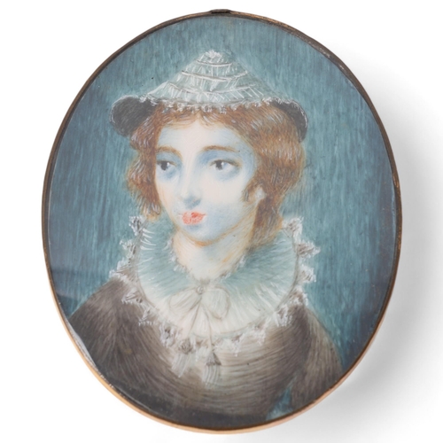 13 - Miniature watercolour on ivory, portrait of a woman wearing a lace bonnet, unsigned, in original gil... 