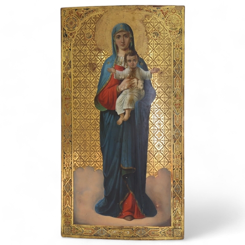 17 - A large Antique Russian icon, 18th or 19th century, depicting Mary with the Infant Christ, oil on th... 