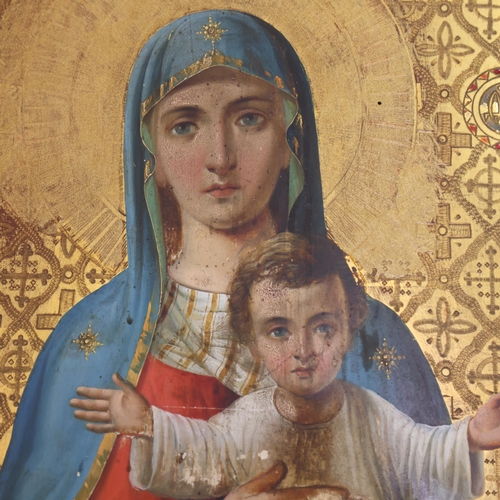 17 - A large Antique Russian icon, 18th or 19th century, depicting Mary with the Infant Christ, oil on th... 