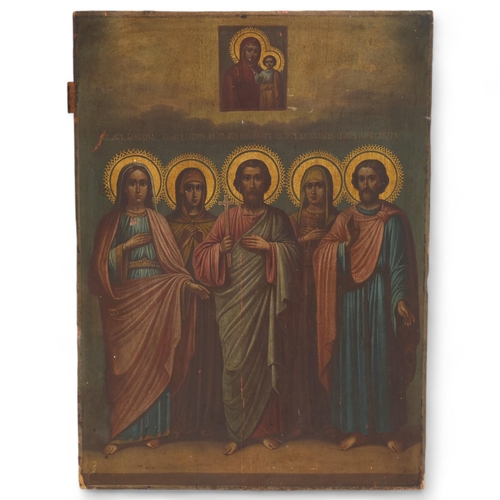 18 - A large Russian icon, 18th or 19th century oil on thick wood panel, depicting five holy figures with... 