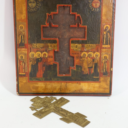 21 - Antique Russian icon, 18th or 19th century, oil on wood panel with relief carved bronze cross mount,... 