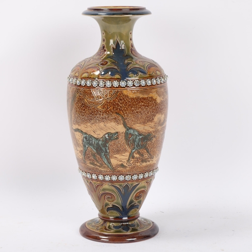 28 - Hannah Barlow for Doulton Lambeth, stoneware vase with incised hounds and stag design frieze, height... 