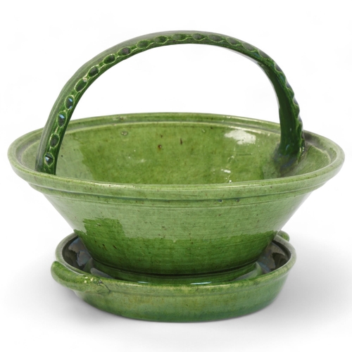 29 - Rye Pottery green glaze basket on separate stand, diameter 16.5cm