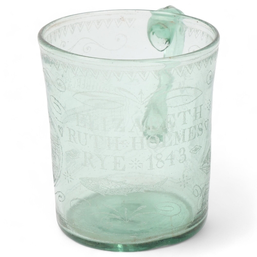 3 - Early 19th century green soda glass mug dated 1843, etched design depicting a sailing ship Alert of ... 