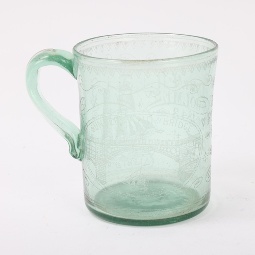 3 - Early 19th century green soda glass mug dated 1843, etched design depicting a sailing ship Alert of ... 