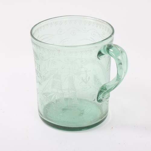 3 - Early 19th century green soda glass mug dated 1843, etched design depicting a sailing ship Alert of ... 