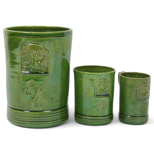 30 - Rye Pottery, 3 graduated green glaze tankards, inscribed model of mermaid tankard Rye 1926, with rel... 