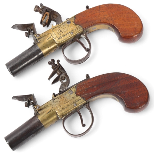 35 - Pair of early 19th century flintlock pocket pistols, by Drury & Wilde, with engraved brass mount and... 