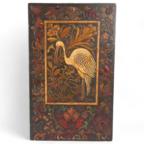 39 - 19th century oil painting on wood panel, depicting stork and flowers, textured design, 39.5cm x 24cm