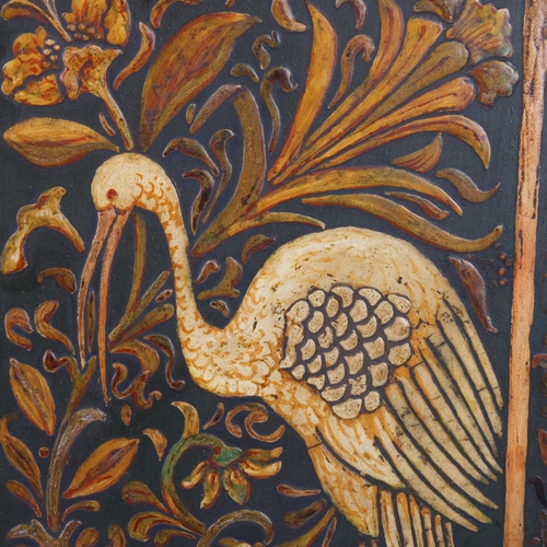 39 - 19th century oil painting on wood panel, depicting stork and flowers, textured design, 39.5cm x 24cm