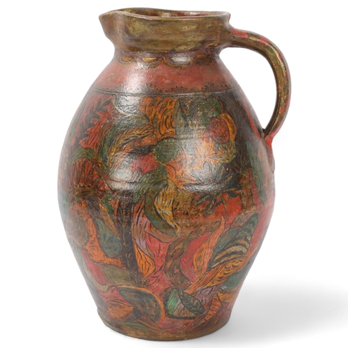 40 - Large Arts and Crafts handmade terracotta flagon with painted stylised decoration, no factory marks ... 