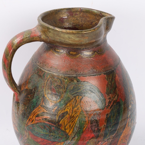 40 - Large Arts and Crafts handmade terracotta flagon with painted stylised decoration, no factory marks ... 