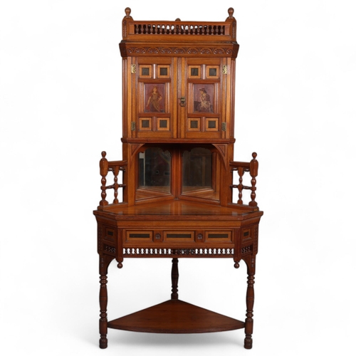 Bruce Talbert (1838 - 1881) for Gillows, a late Victorian Aesthetic walnut corner cabinet with figural painted doors and with holly and ebony inlay, stamped Gillow & Co 12356, dating it to 1881