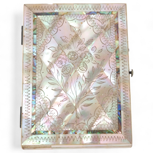 58 - A Victorian mother-of-pearl and abalone card case, with engraved decoration and blue silk-lined sect... 