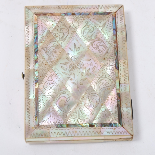 58 - A Victorian mother-of-pearl and abalone card case, with engraved decoration and blue silk-lined sect... 