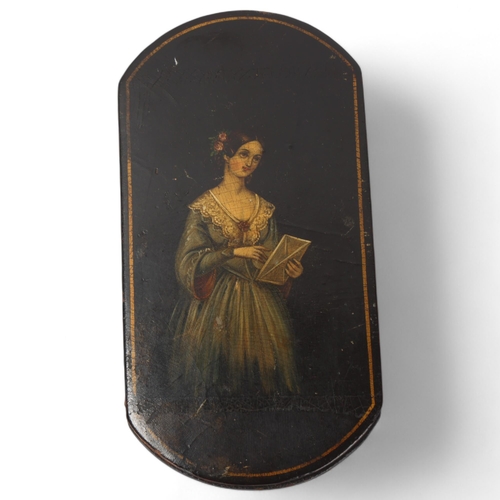 59 - A 19th century lacquer cigar case, with design of a lady reading a letter, length 11cm