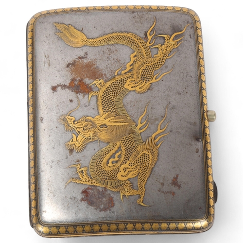 60 - A Japanese white metal cigarette case, with inlaid gold dragon butterfly design, signed with seal in... 