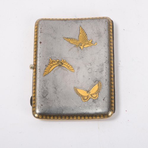 60 - A Japanese white metal cigarette case, with inlaid gold dragon butterfly design, signed with seal in... 