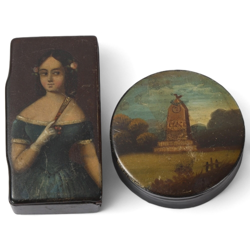 61 - 2 x 19th century papier mache boxes, depicting a girl with a fan, length 7.5cm, and a stone monument... 