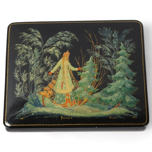 62 - Palekh Russian lacquer box depicting a snow queen in a winter landscape, signed and dated 1958, widt... 