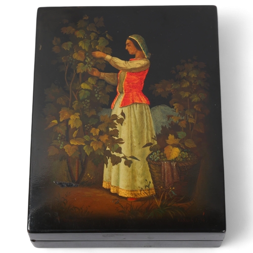 63 - Fedoskino Russian lacquer box depicting a woman harvesting grapes, signed and dated 1956, length 14c... 