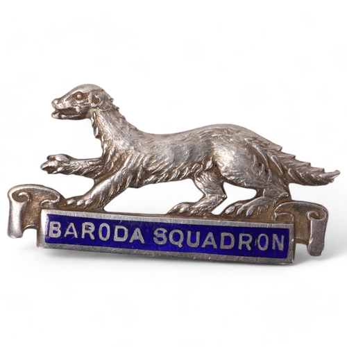 65 - Baroda Squadron, silver and enamel military badge by Fattorini depicting a mongoose, hallmarks Birmi... 