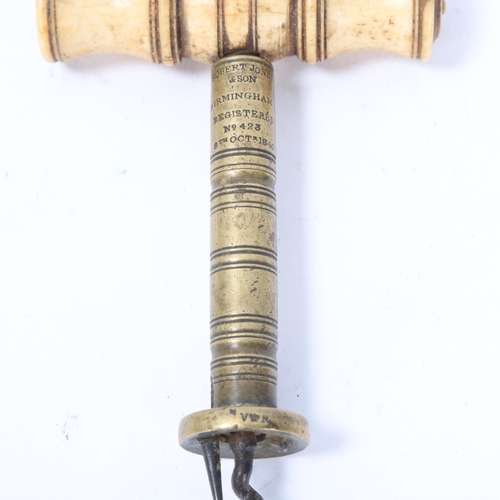 70 - Robert Jones & Son, bone-handled brass corkscrew, pattern no. 423, dated 8th Oct 1840, length 16cm