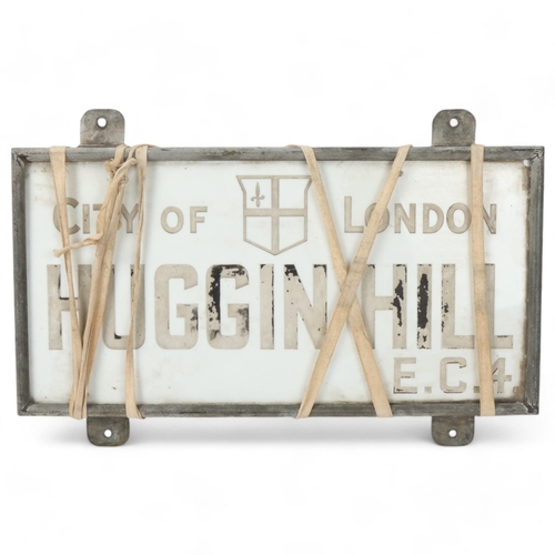 8 - Huggin Hill, City of London EC4 ceramic street sign in original galvanised metal wall-mounted frame,... 