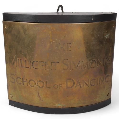 9 - The Millicent Simmonds School of Dancing brass plaque, on original curved wood wall mount, 40cm x 36... 