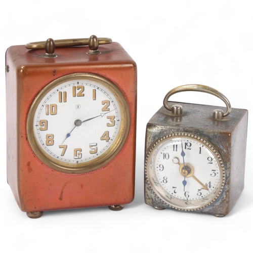 103 - 2 small metal-cased travelling alarm clocks, late 19th/early 20th century, largest height 8cm