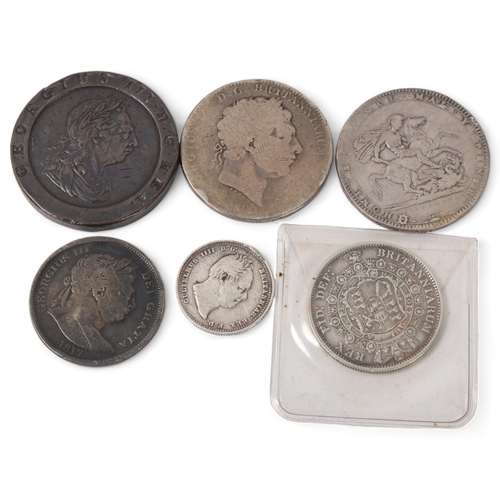 110 - A collection of George III coins, 2 Crowns, 2 Half-Crowns and a Shilling, an over engraved Cartwheel... 