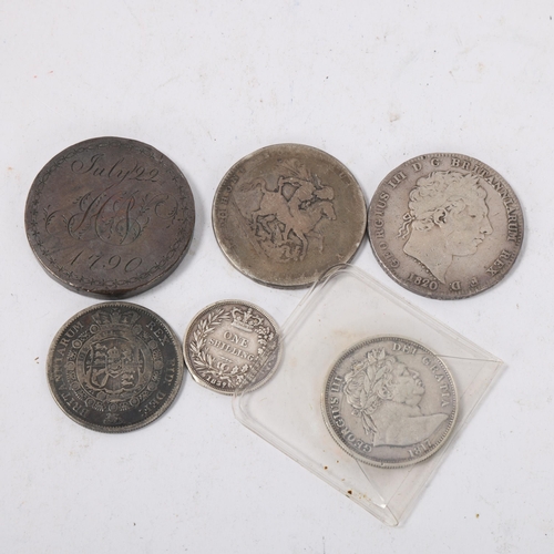 110 - A collection of George III coins, 2 Crowns, 2 Half-Crowns and a Shilling, an over engraved Cartwheel... 