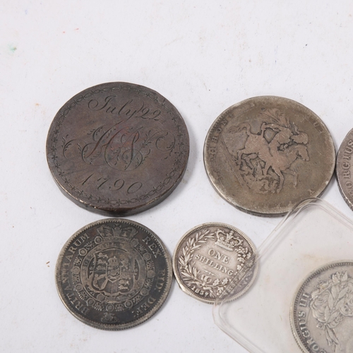 110 - A collection of George III coins, 2 Crowns, 2 Half-Crowns and a Shilling, an over engraved Cartwheel... 