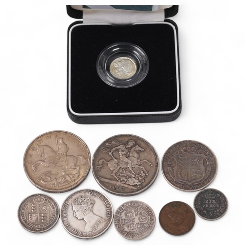 113 - A collection of Victorian and later British coins, including a silver 20p proof coin,  2 silver Crow... 