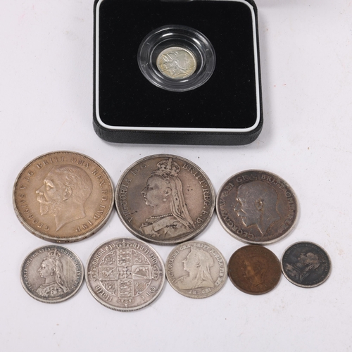 113 - A collection of Victorian and later British coins, including a silver 20p proof coin,  2 silver Crow... 