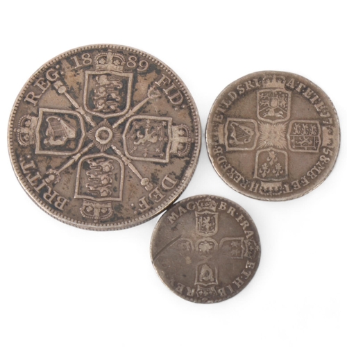 115 - A George II silver shilling, George III Sixpence and a Victoria 1889 Crown (3)