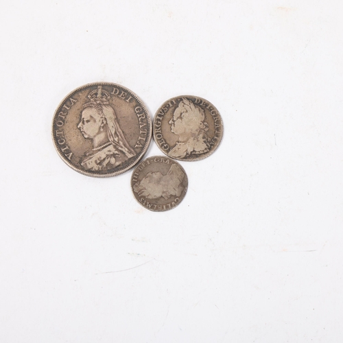 115 - A George II silver shilling, George III Sixpence and a Victoria 1889 Crown (3)