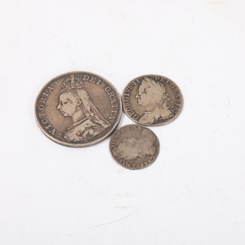 115 - A George II silver shilling, George III Sixpence and a Victoria 1889 Crown (3)